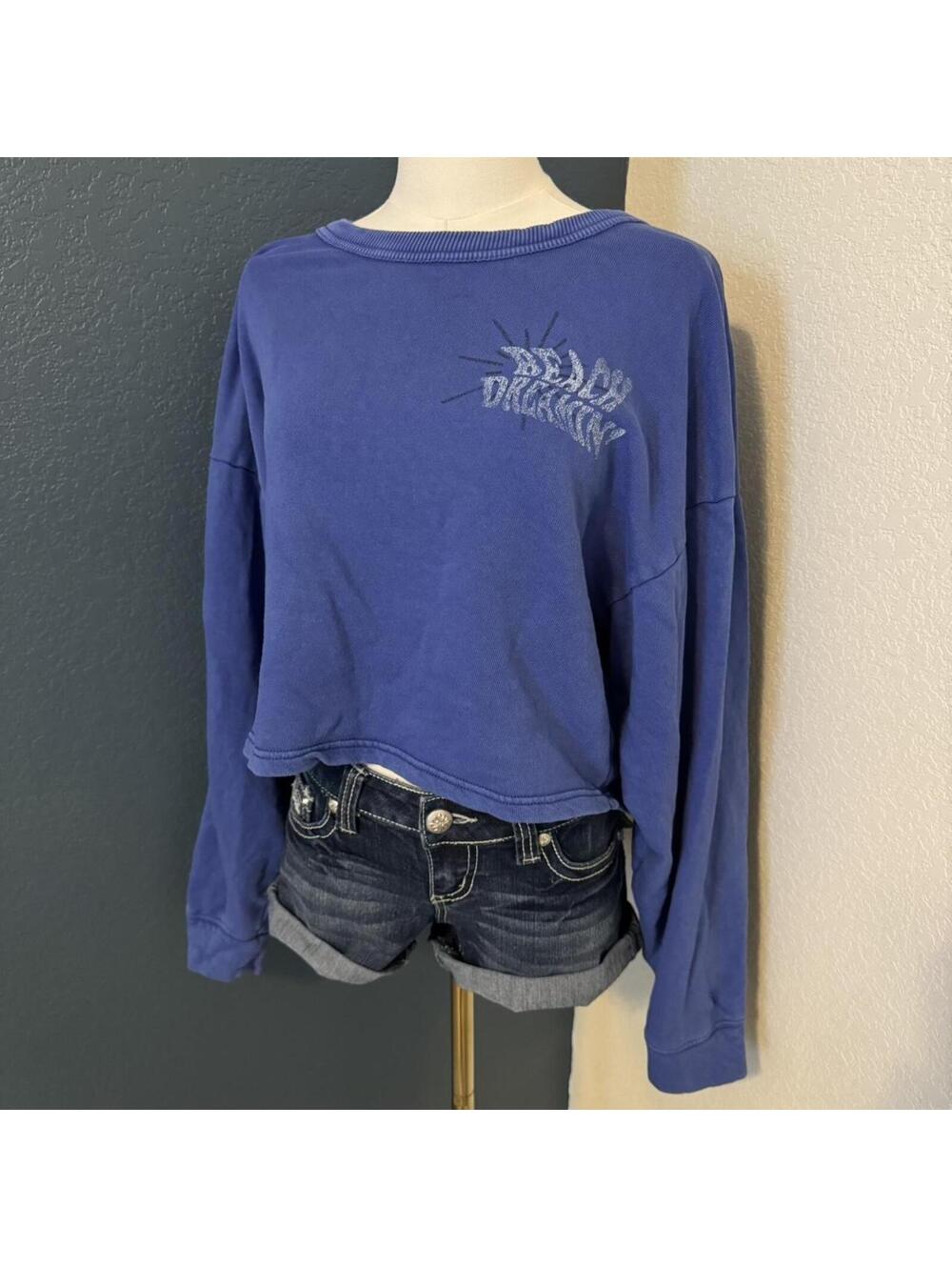Aerie Beach Please Oversized Crop Crewneck Terry Sweatshirt, Small